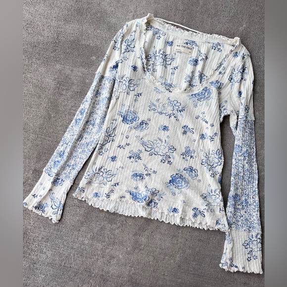 We the free floral lace cottagecore coquette long sleeve top flowers blue - Picture 2 of 3